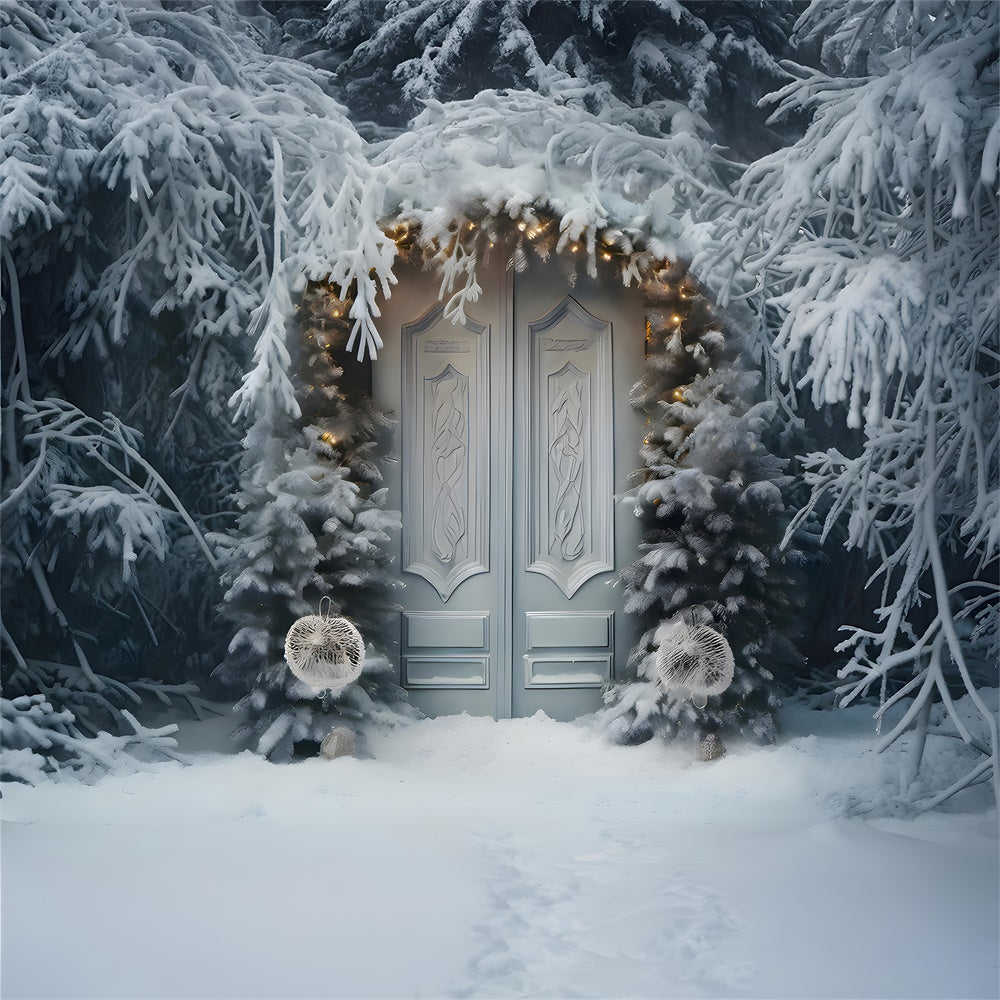 Toile de fond de Porte avec Couronne et Arbre de Noël Gelé RR7-736