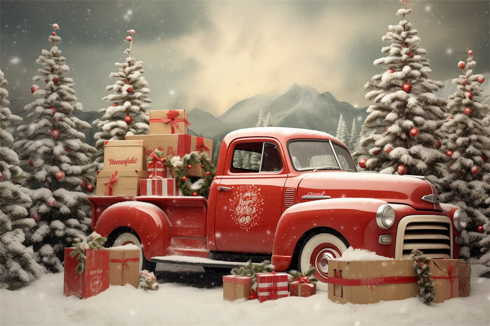 Toile de fond de Camion Rouge et Arbre de Noël Neigeux RR7-739