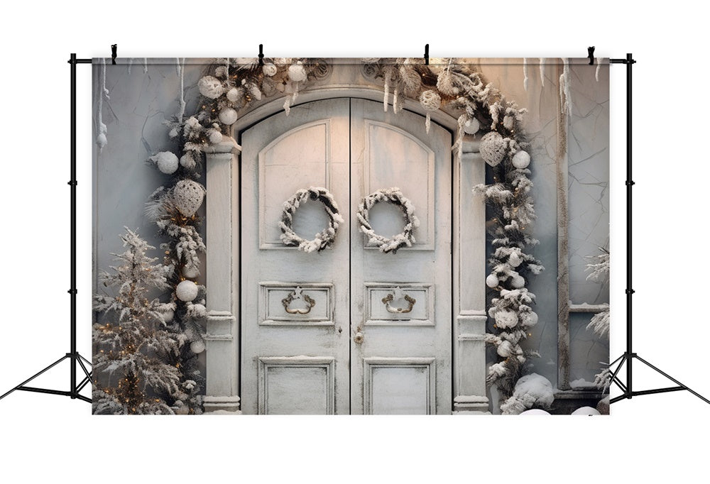 Toile de fond de Porte avec Couronne de Noël et Neige Hivernale RR7-743