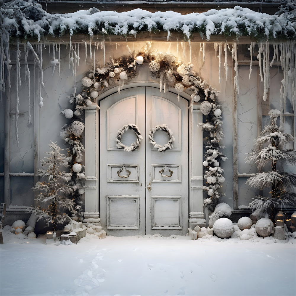 Toile de fond de Porte avec Couronne de Noël et Neige Hivernale RR7-743