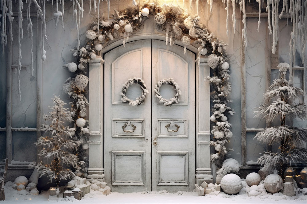 Toile de fond de Porte avec Couronne de Noël et Neige Hivernale RR7-743