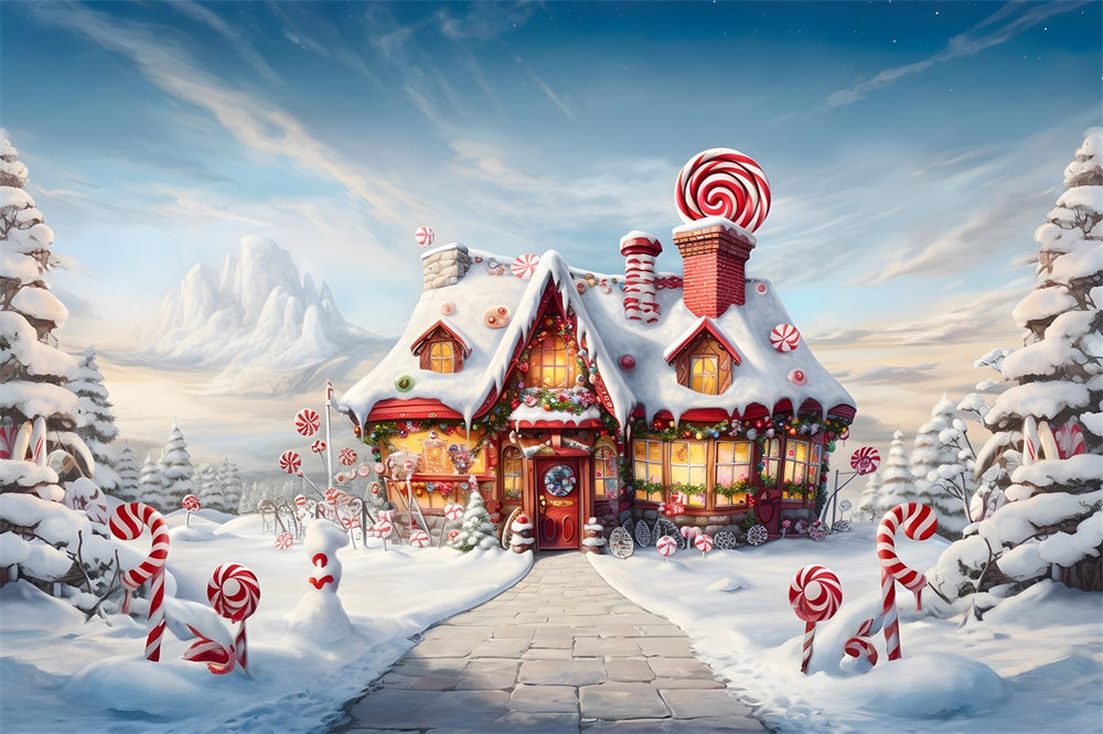 Toile de fond de Maison en Pain d'Épice avec Merveille de Neige RR7-748