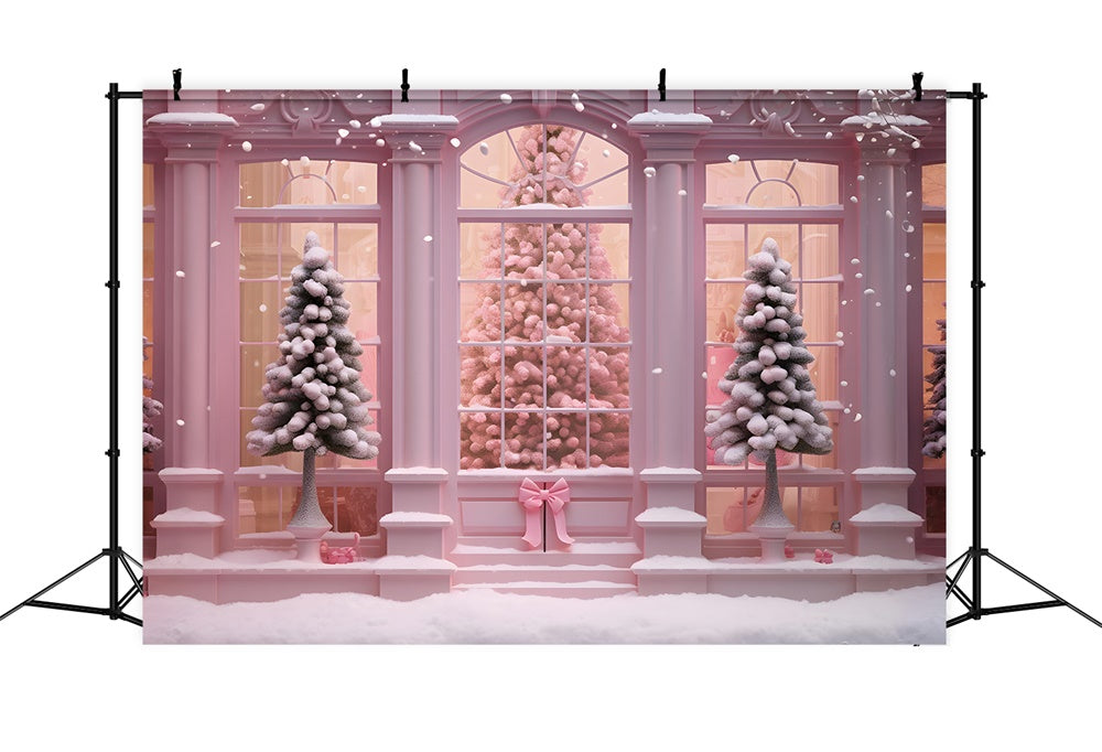 Toile de fond de Maison avec Fenêtre et Arbre de Noël Rose RR7-762