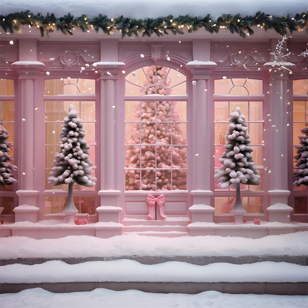 Toile de fond de Maison avec Fenêtre et Arbre de Noël Rose RR7-762