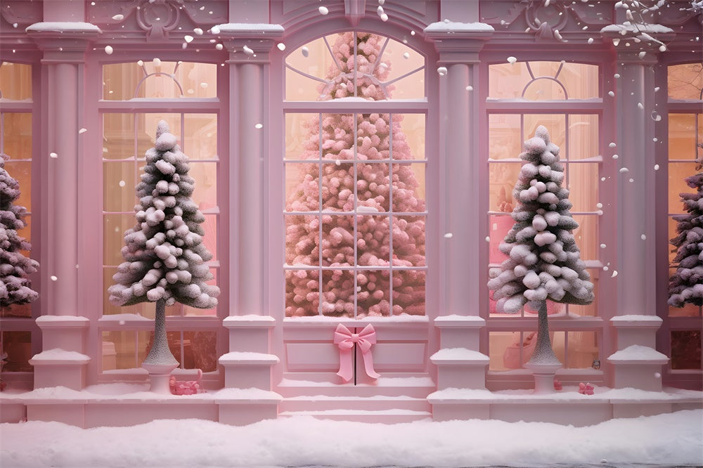 Toile de fond de Maison avec Fenêtre et Arbre de Noël Rose RR7-762