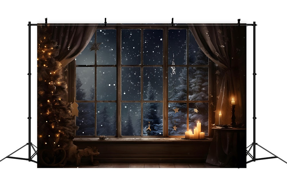 Toile de fond de Nuit de Noël avec Fenêtre et Arbres Neigeux RR7-765