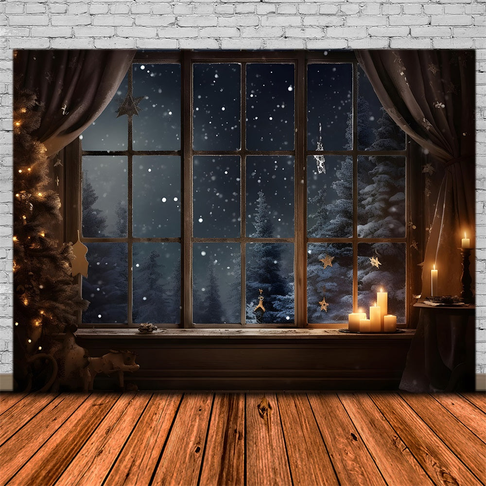 Toile de fond de Nuit de Noël avec Fenêtre et Arbres Neigeux RR7-765