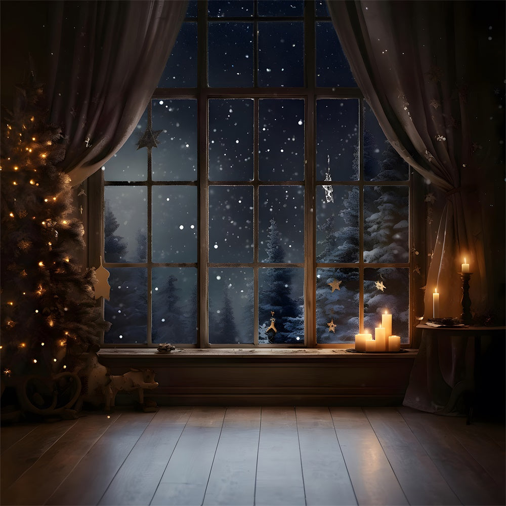 Toile de fond de Nuit de Noël avec Fenêtre et Arbres Neigeux RR7-765