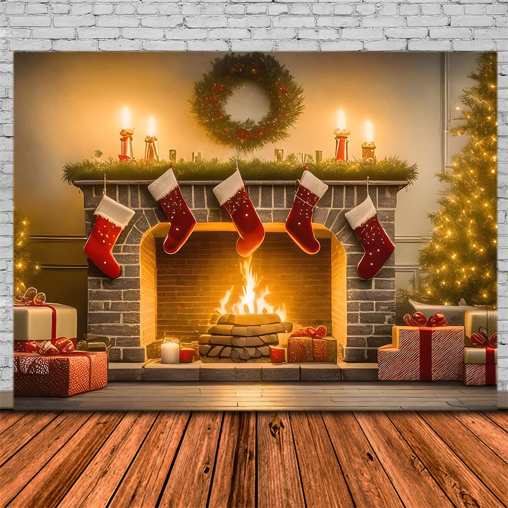 Toile de fond de Cheminée avec Chaussette et Arbre de Noël RR7-770