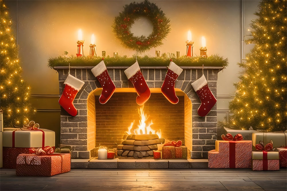 Toile de fond de Cheminée avec Chaussette et Arbre de Noël RR7-770