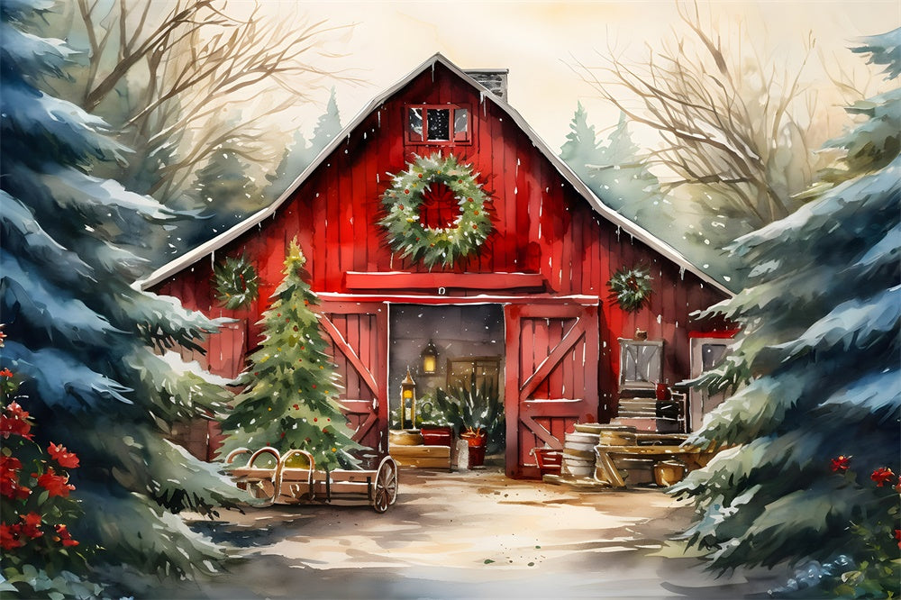 Toile de fond de Maison en Bois et Arbre de Noël en Aquarelle RR7-774
