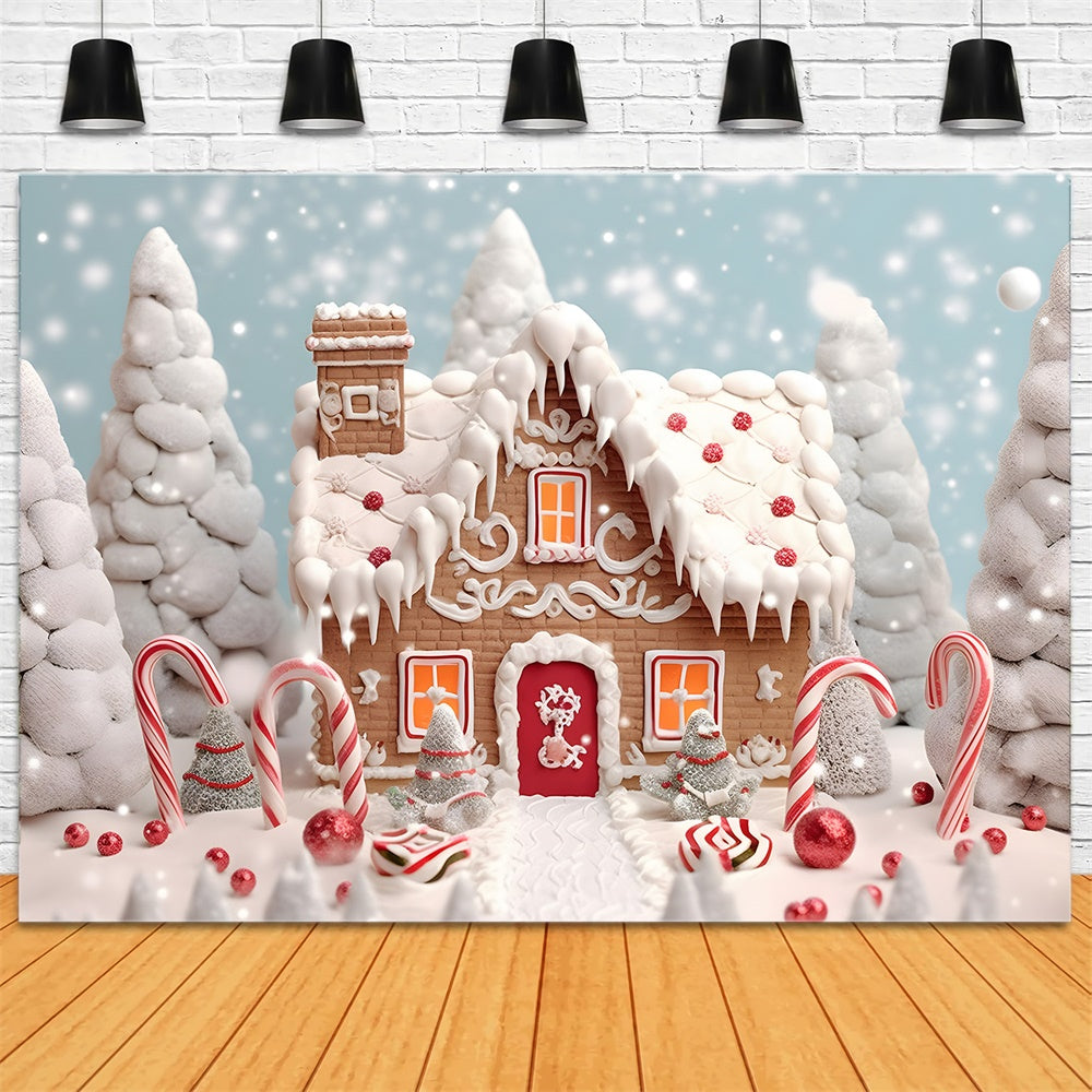 Toile de fond de Maison en Pain d'Épice Neigeuse avec Arbre de Noël RR7-775