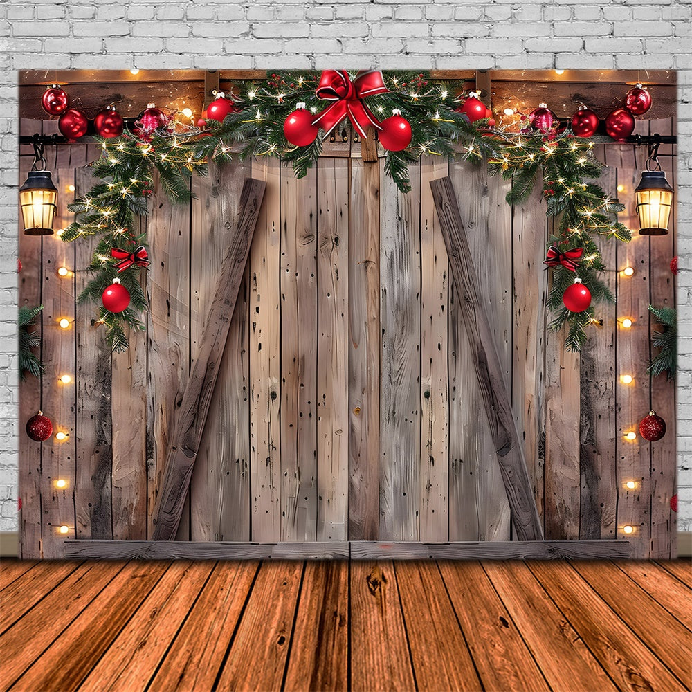 Toile de fond de Mur en Bois avec Boules de Noël et Couronne RR7-778