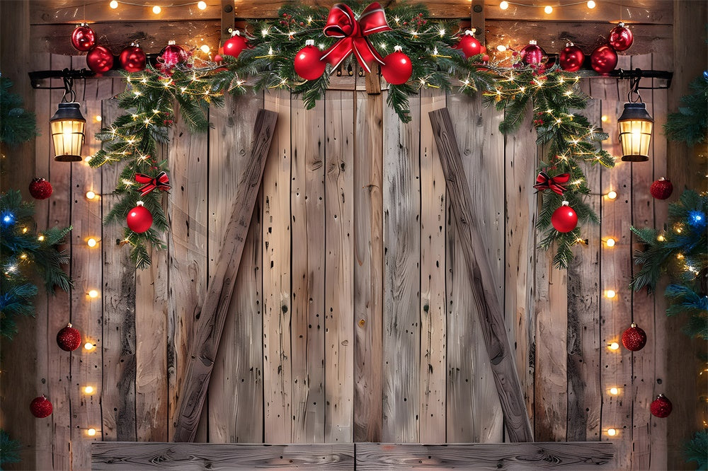 Toile de fond de Mur en Bois avec Boules de Noël et Couronne RR7-778