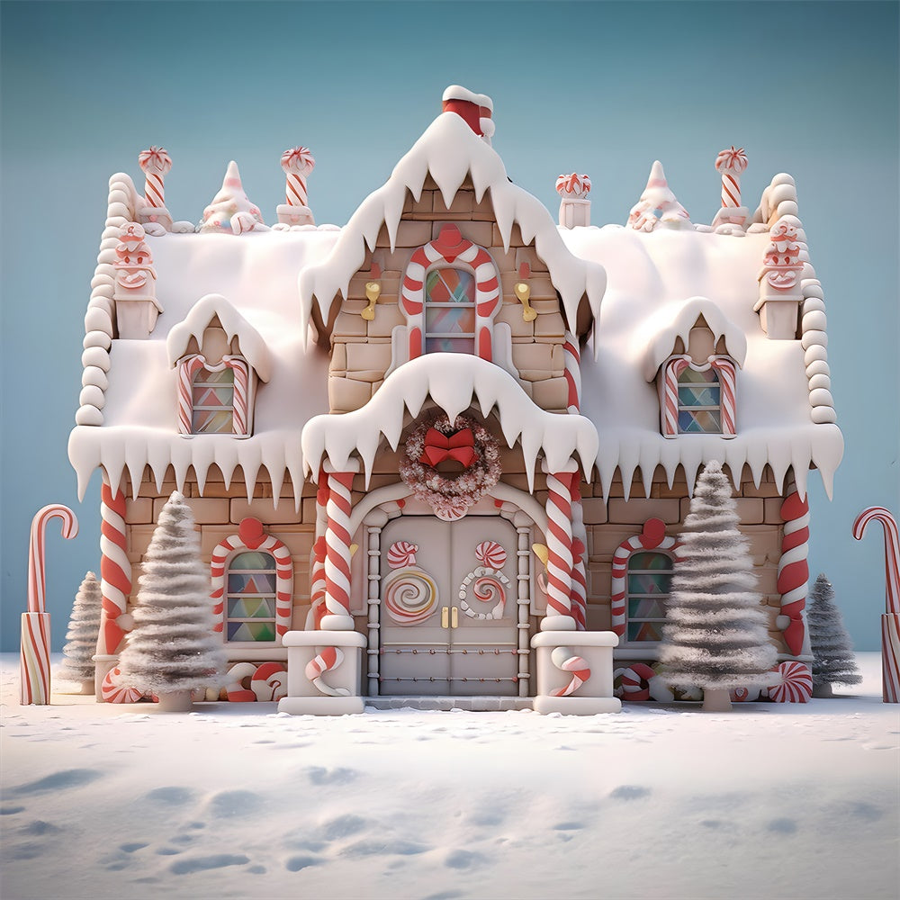 Toile de fond de Maison en Pain d'Épice avec Canne en Sucre de Noël RR7-786
