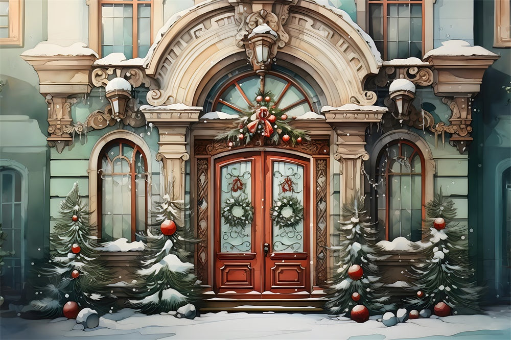 Toile de fond de Maison et Arbre de Noël en Aquarelle RR7-787