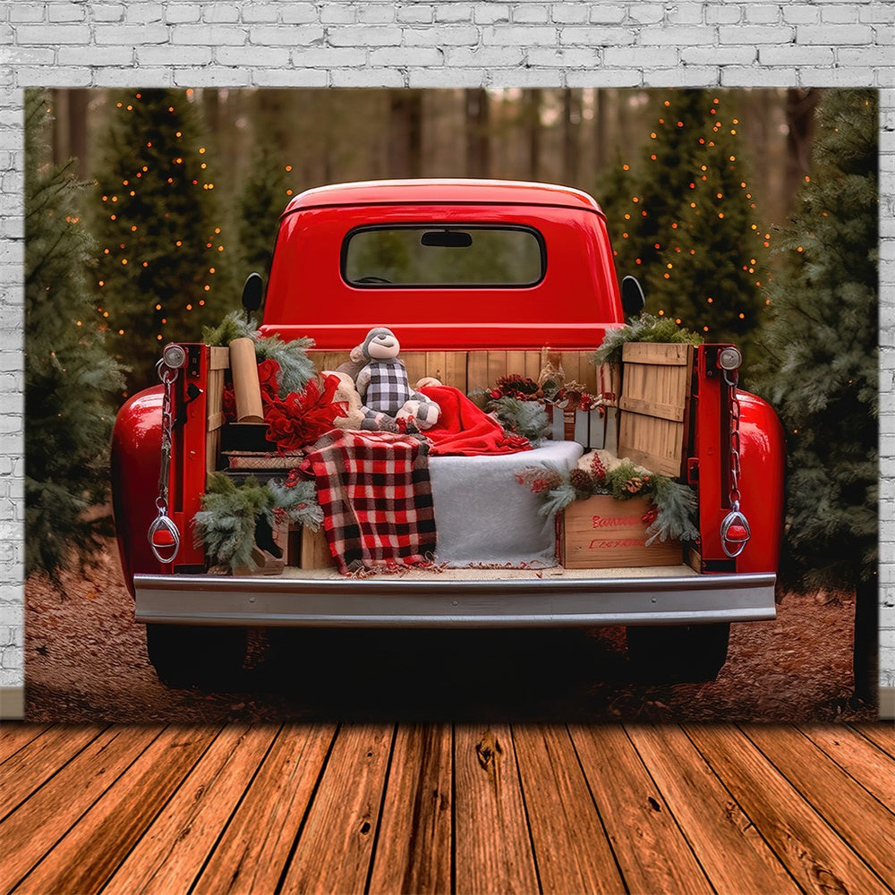 Toile de fond de Ferme de Sapins de Noël avec Camion Rouge RR7-795