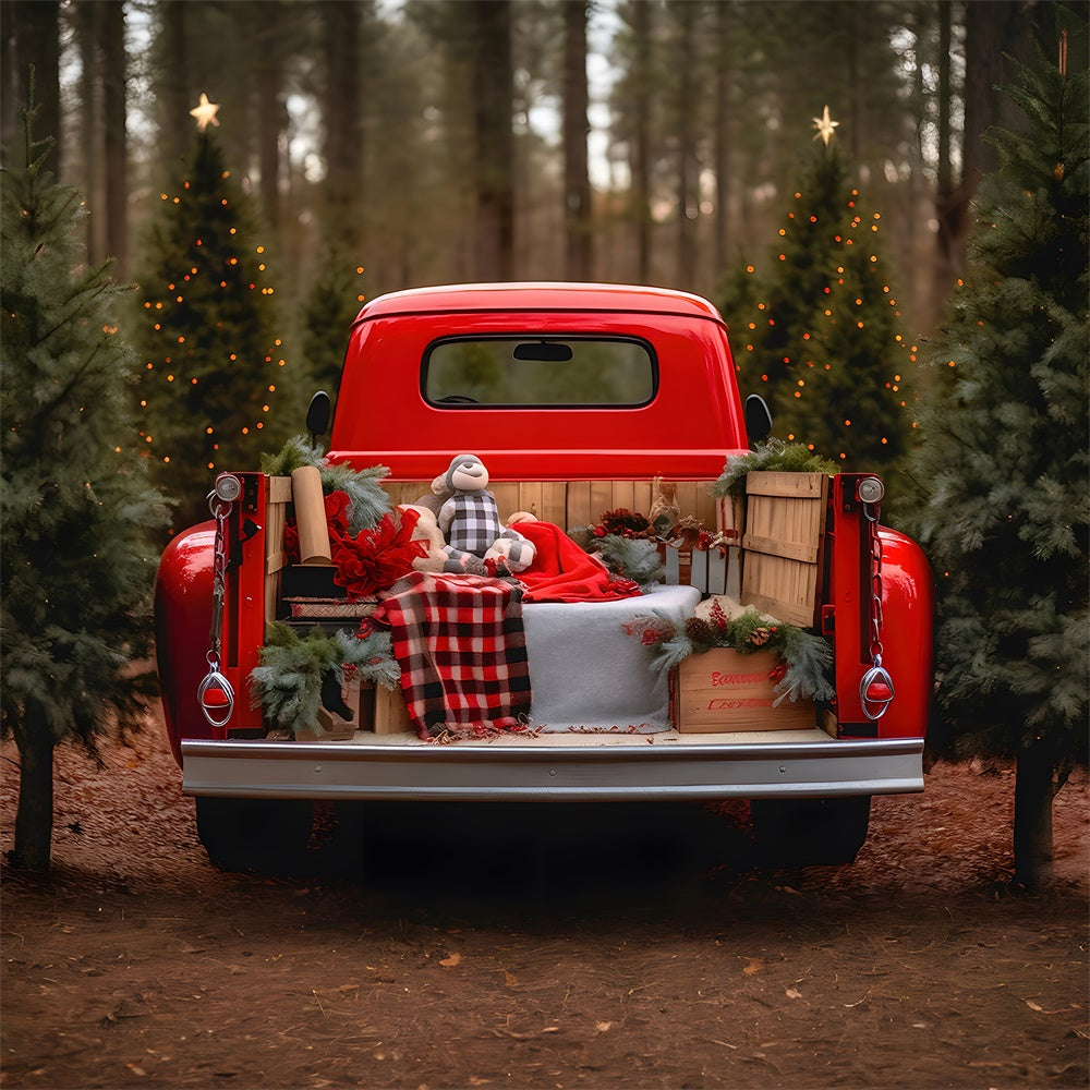 Toile de fond de Ferme de Sapins de Noël avec Camion Rouge RR7-795