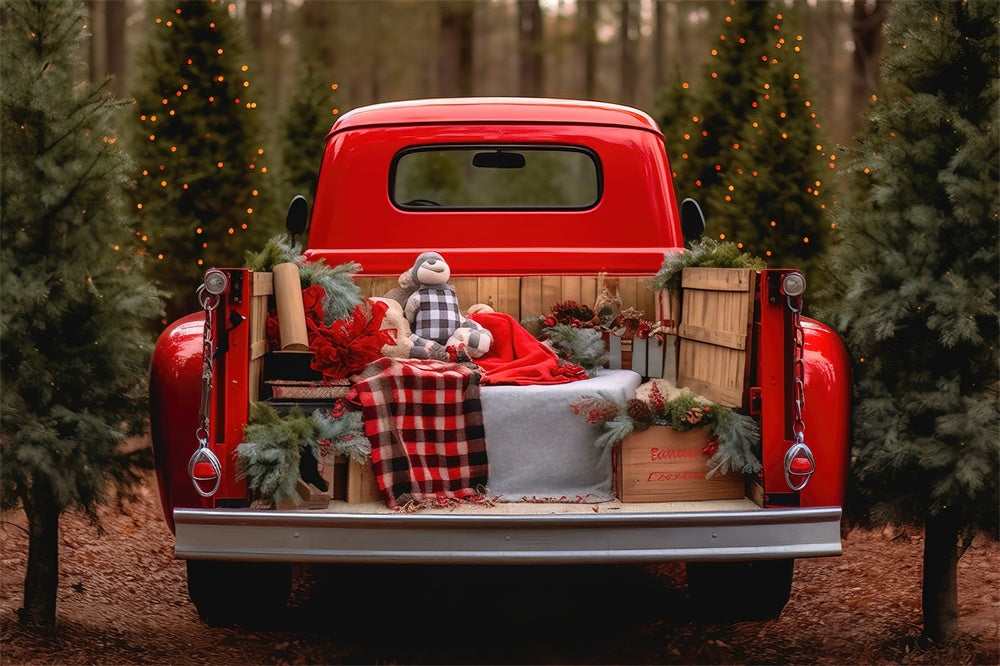Toile de fond de Ferme de Sapins de Noël avec Camion Rouge RR7-795