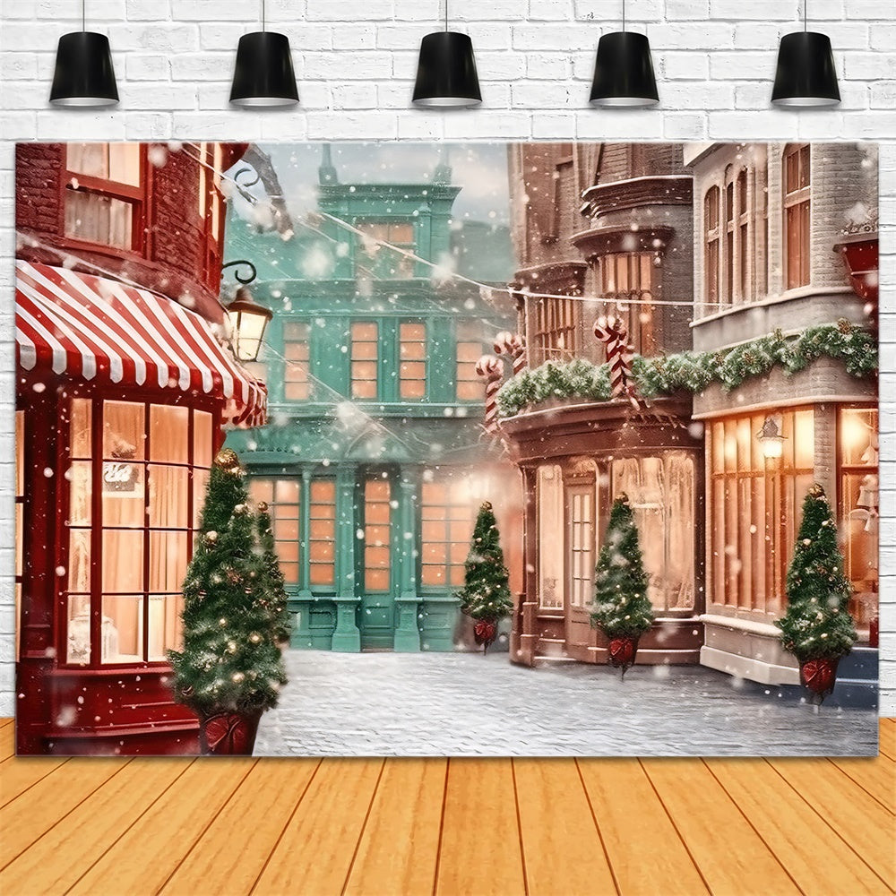 Toile de fond de Rue Neigeuse avec Boutiques de Jouets de Noël RR7-796