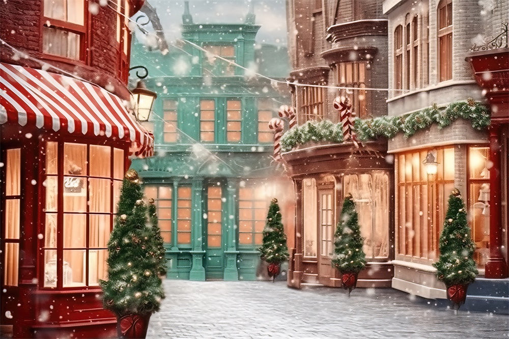 Toile de fond de Rue Neigeuse avec Boutiques de Jouets de Noël RR7-796