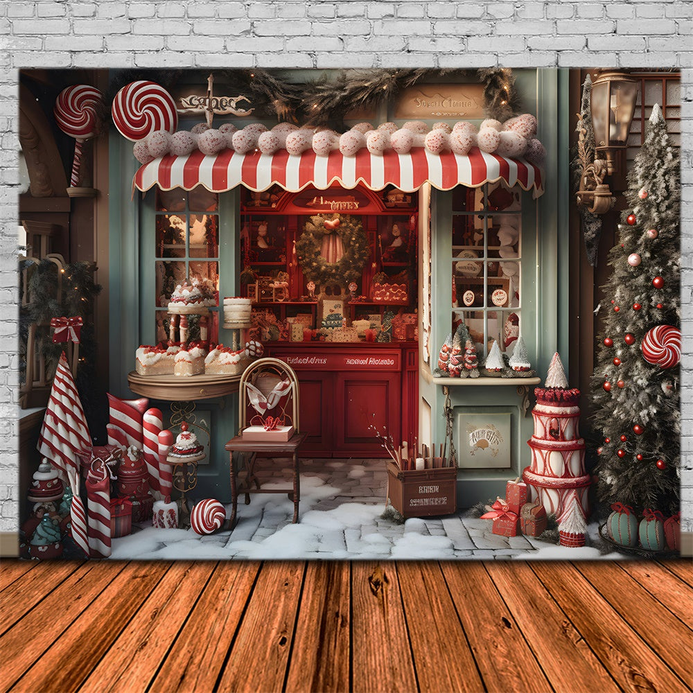 Toile de fond de Magasin de Bonbons Neigeux avec Arbre de Noël RR7-798