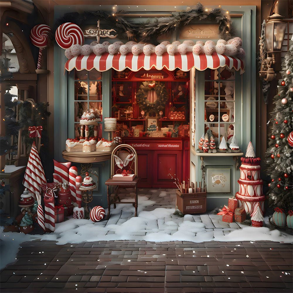 Toile de fond de Magasin de Bonbons Neigeux avec Arbre de Noël RR7-798