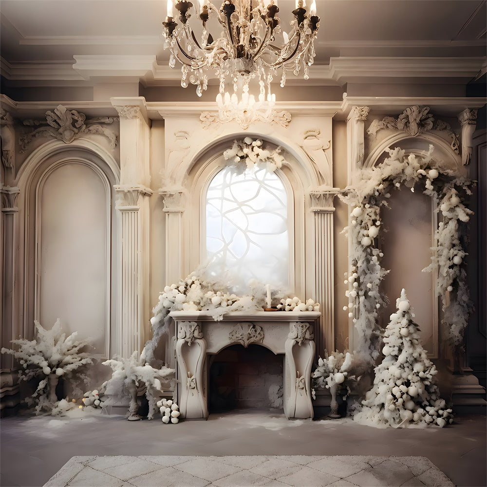 Toile de fond de Salon Blanc avec Cheminée de Noël RR7-801
