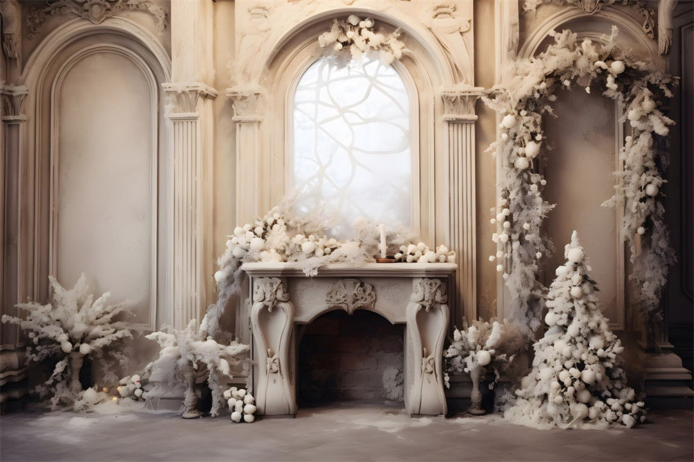 Toile de fond de Salon Blanc avec Cheminée de Noël RR7-801