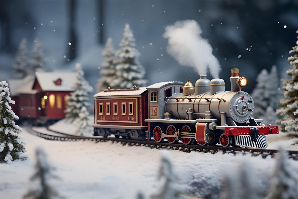 Toile de fond de Train et Maison avec Arbre de Noël Neigeux RR7-807