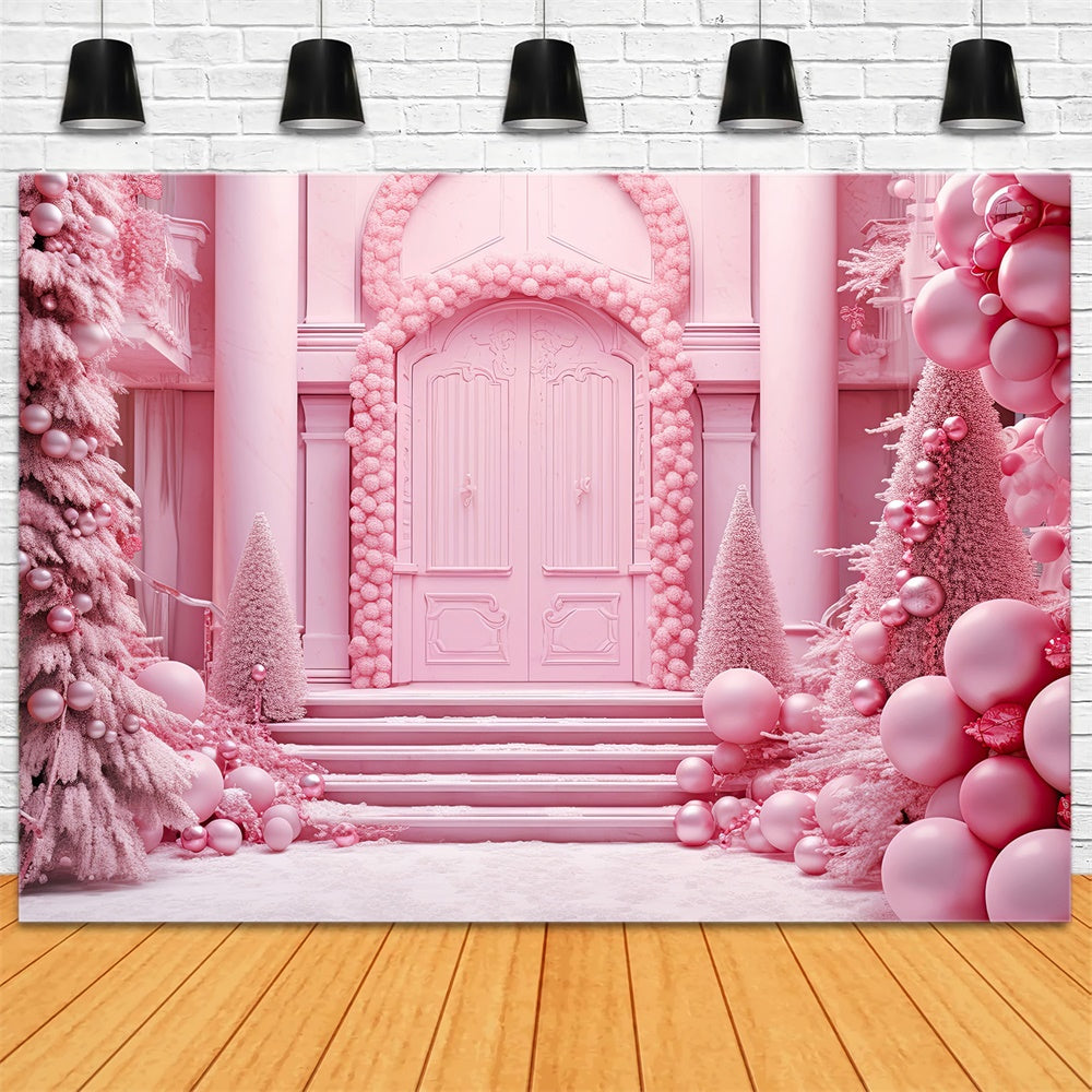 Toile de fond de Maison avec Porte et Arbre de Noël Rose RR7-814