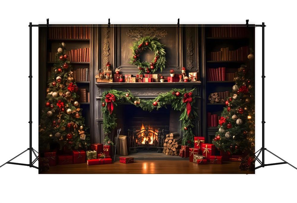 Toile de fond de Salon avec Arbre de Noël et Cheminée RR7-820