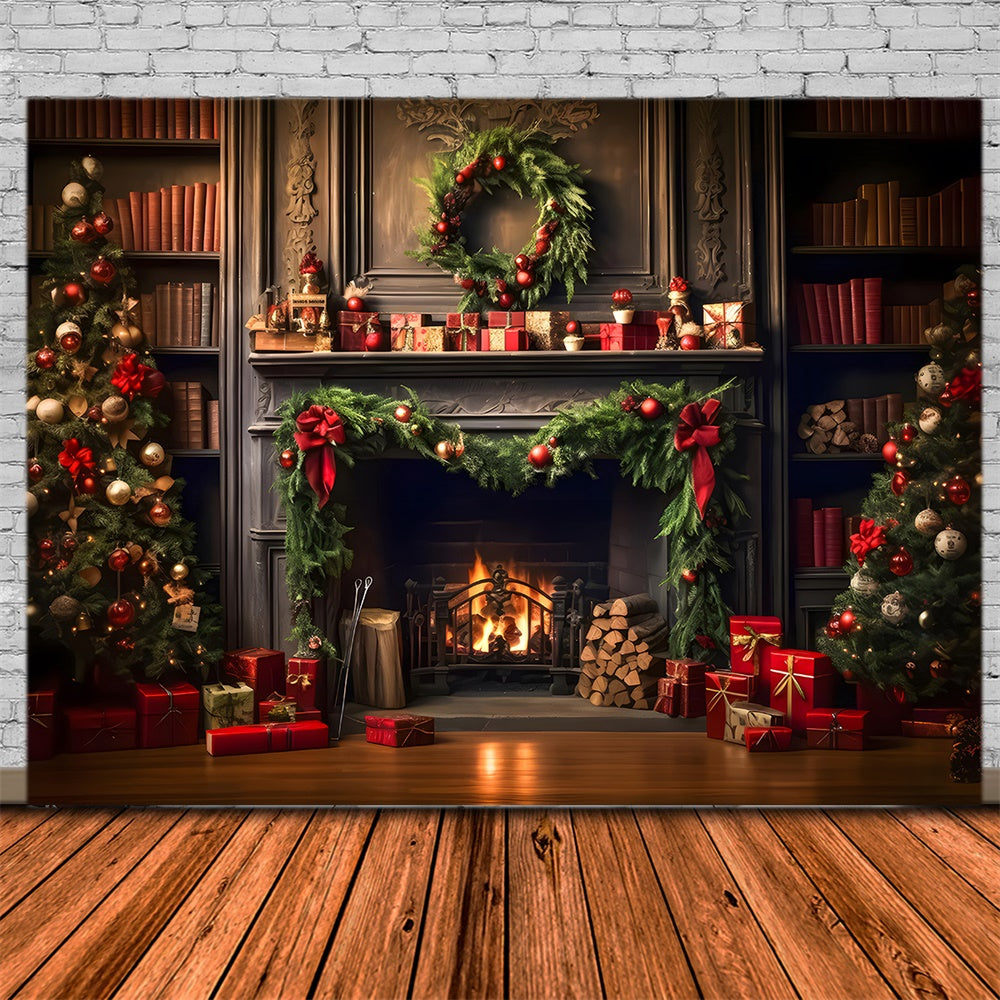 Toile de fond de Salon avec Arbre de Noël et Cheminée RR7-820