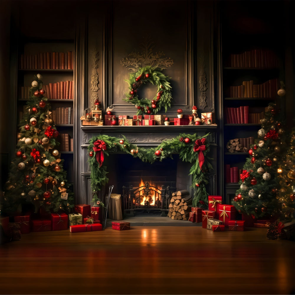 Toile de fond de Salon avec Arbre de Noël et Cheminée RR7-820