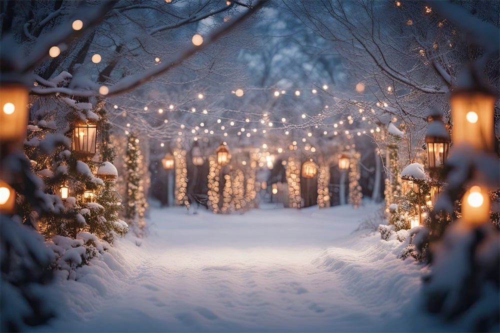 Toile de fond de Route Neigeuse avec Arbres de Noël Lumineux RR7-822