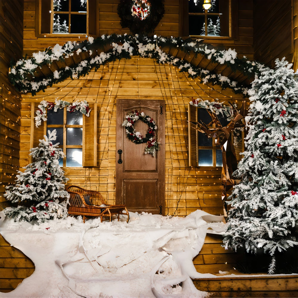 Toile de fond de Maison en Bois avec Arbre de Noël Neigeux RR7-826