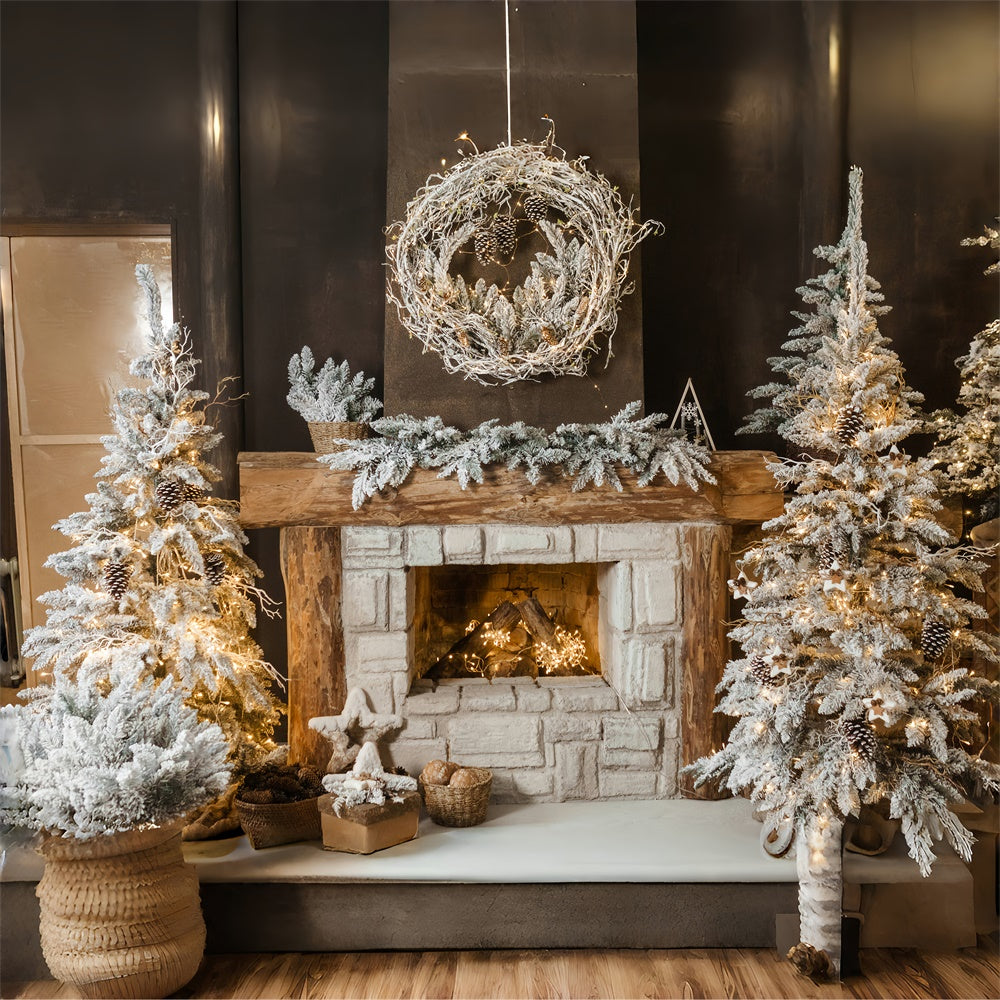 Toile de fond de Cheminée avec Couronne et Arbre de Noël Cozy RR7-827
