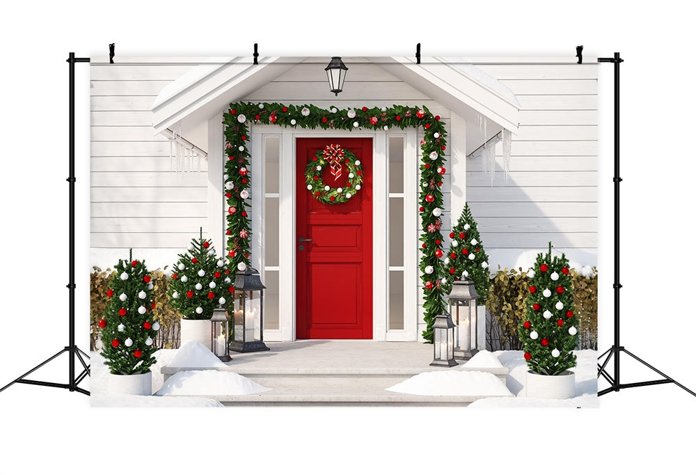 Toile de fond de Maison avec Porte Décorée de Noël RR7-829