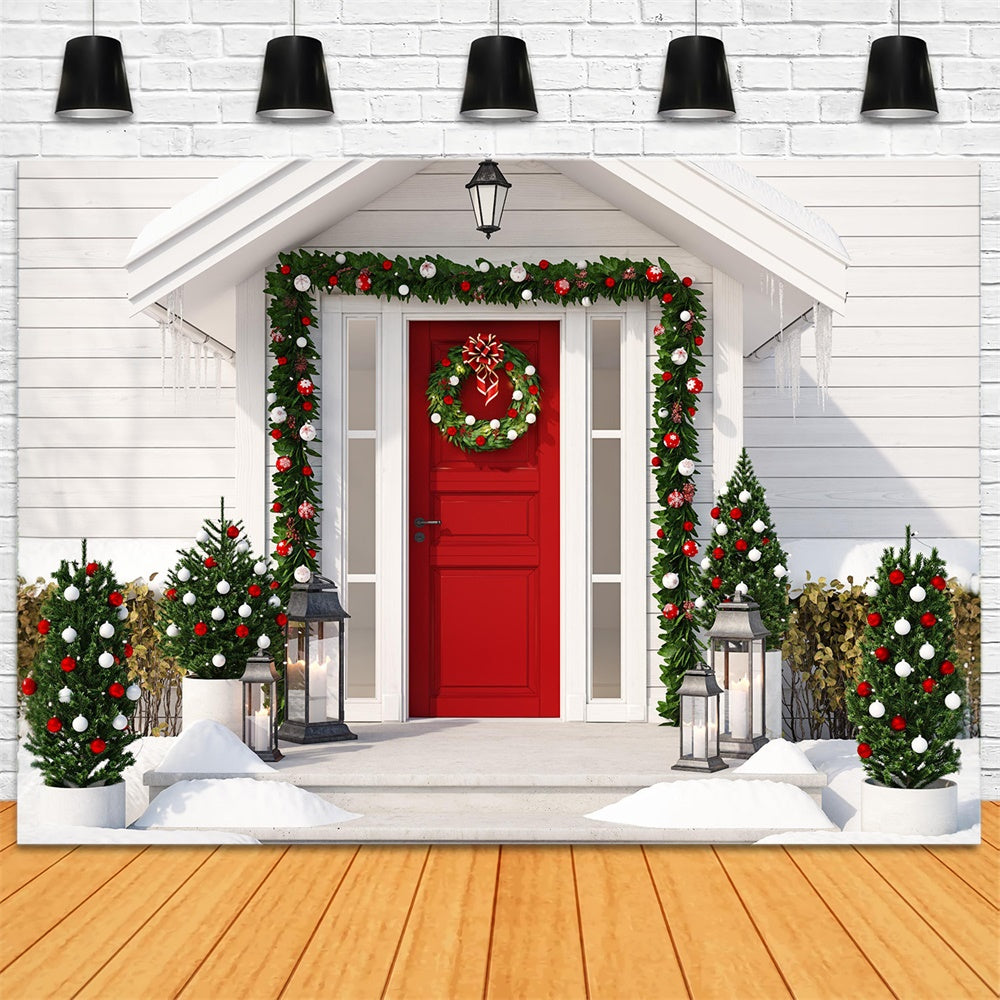 Toile de fond de Maison avec Porte Décorée de Noël RR7-829