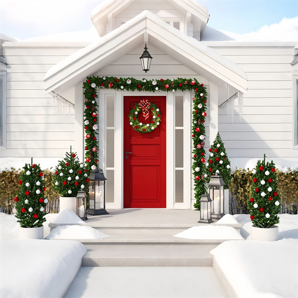 Toile de fond de Maison avec Porte Décorée de Noël RR7-829