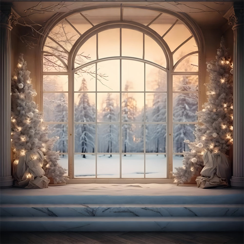 Toile de fond de Fenêtre avec Forêt Neigeuse et Arbre de Noël RR7-833