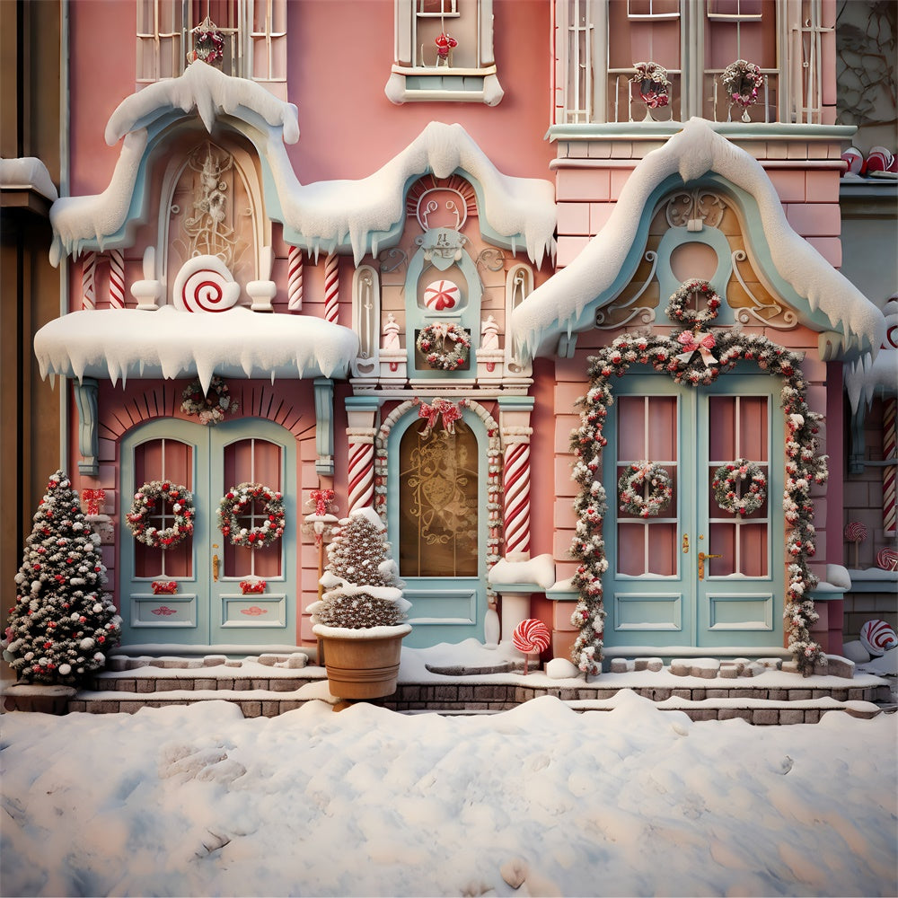 Toile de fond de Maisons en Bonbons avec Arbres de Noël RR7-840