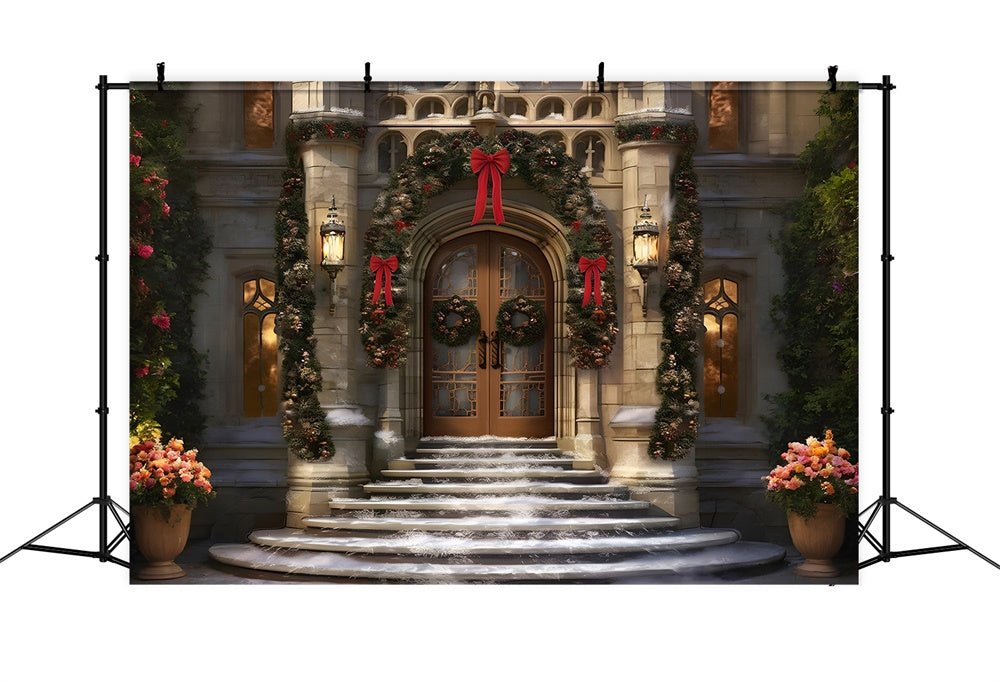 Toile de fond de Porte Décorée de Noël avec Neige RR7-843