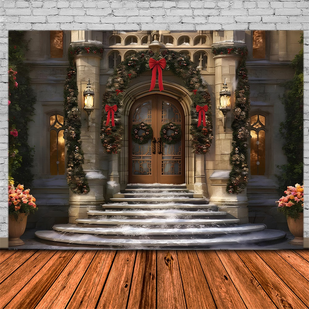 Toile de fond de Porte Décorée de Noël avec Neige RR7-843