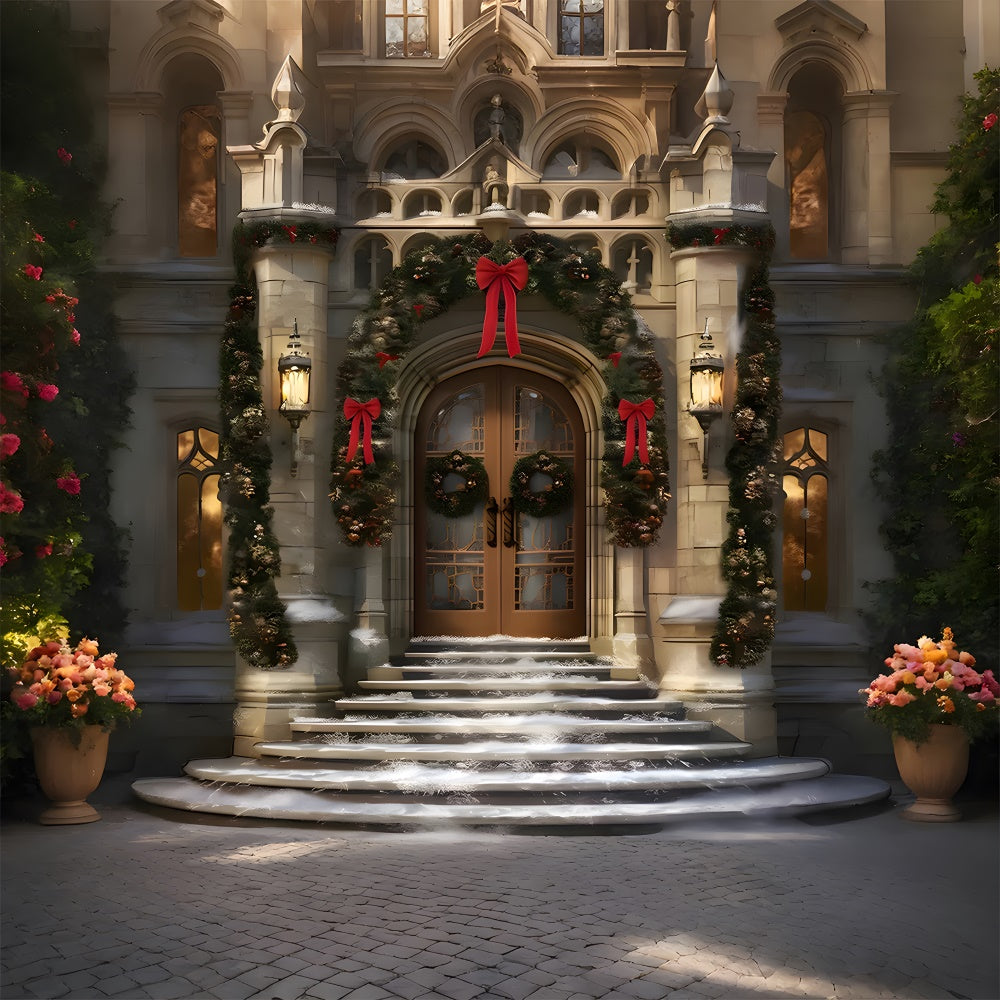 Toile de fond de Porte Décorée de Noël avec Neige RR7-843