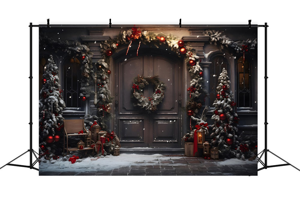 Toile de fond de Porte avec Arbres de Noël et Couronne RR7-848