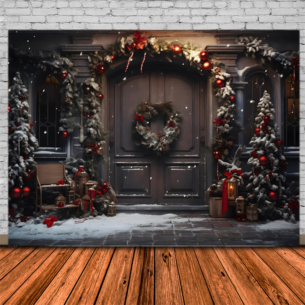 Toile de fond de Porte avec Arbres de Noël et Couronne RR7-848