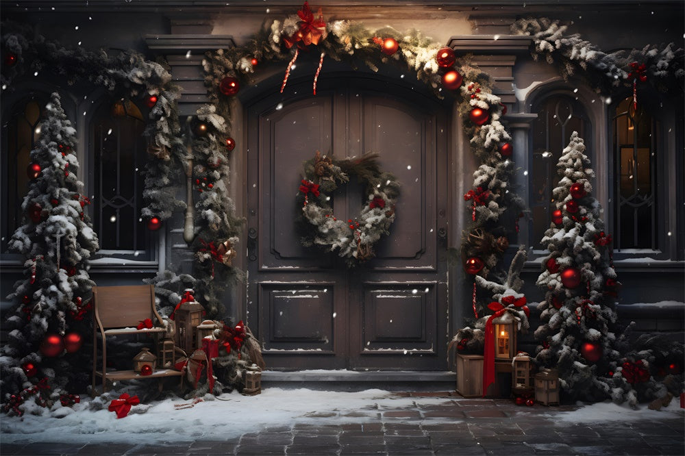 Toile de fond de Porte avec Arbres de Noël et Couronne RR7-848