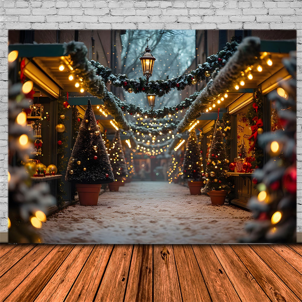 Toile de fond de Rue Neigeuse avec Arbre de Noël Lumineux RR7-858