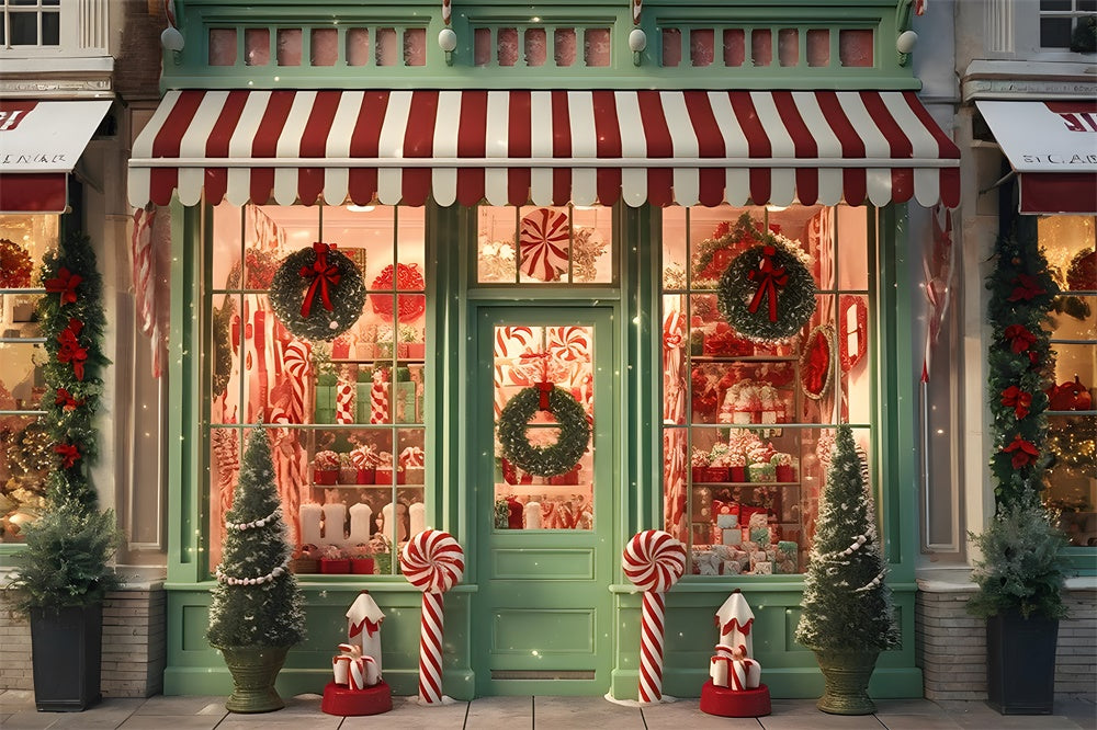 Toile de fond de Magasin avec Couronne et Canne en Sucre de Noël RR7-872